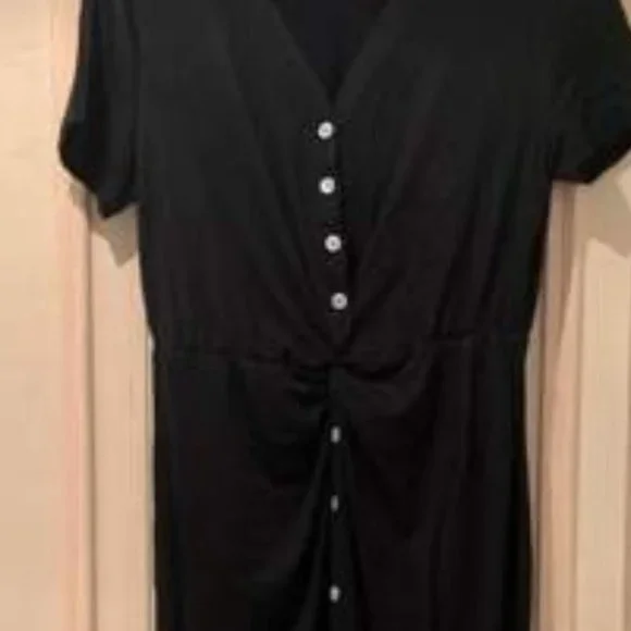 Casual Black Button up Short Sleeve Midi Dress